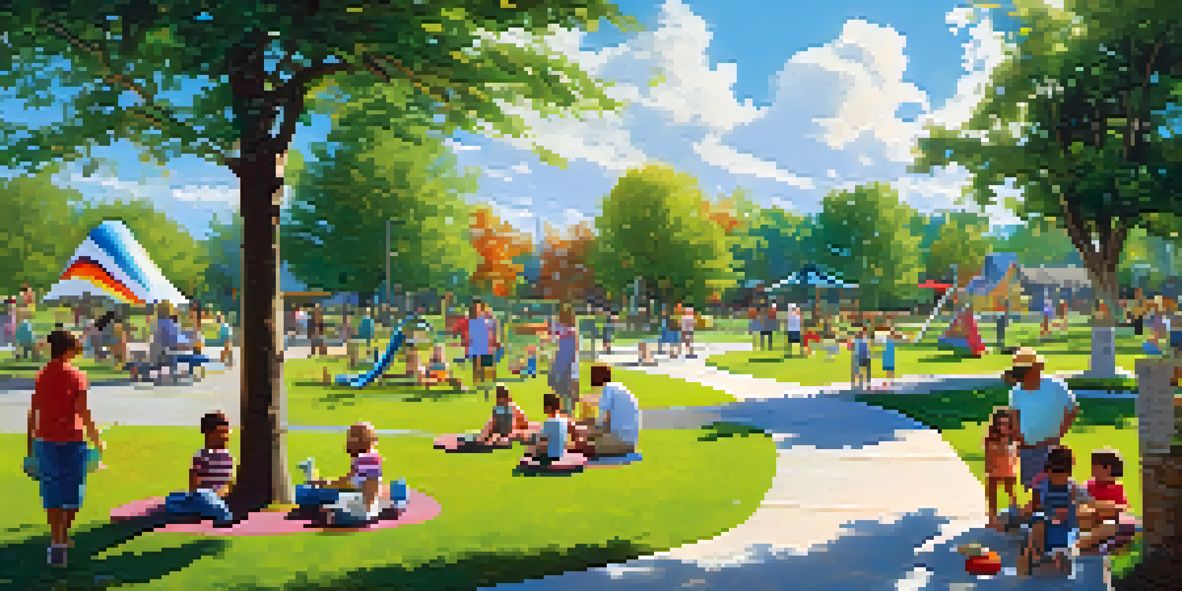 A lively park with families having picnics, children playing, and blooming flowers under a sunny sky.