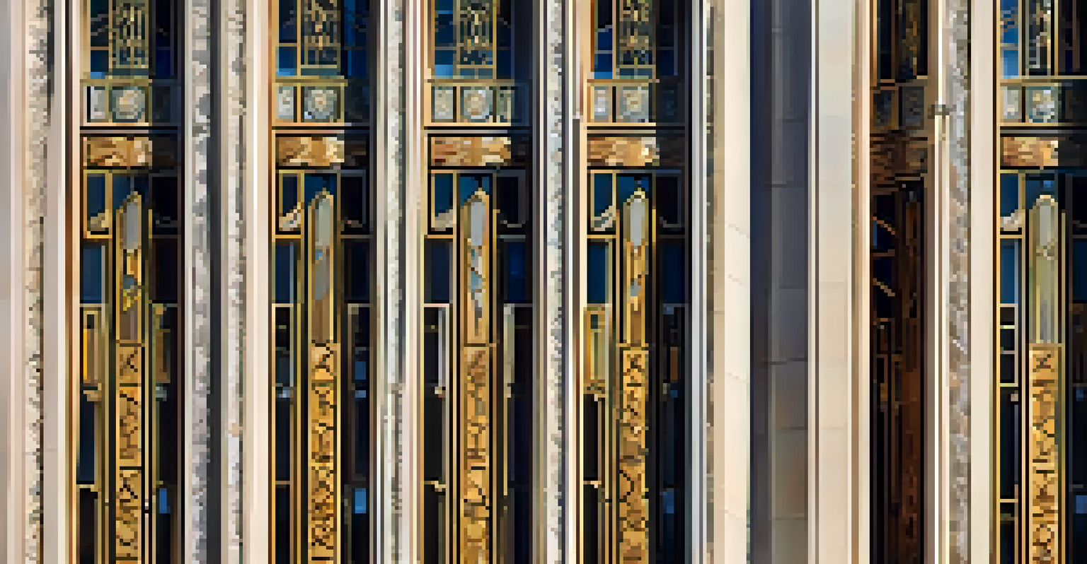 A close-up view of the Art Deco details on the Bullocks Wilshire building, showcasing geometric shapes and sunlight casting shadows on the intricate design.