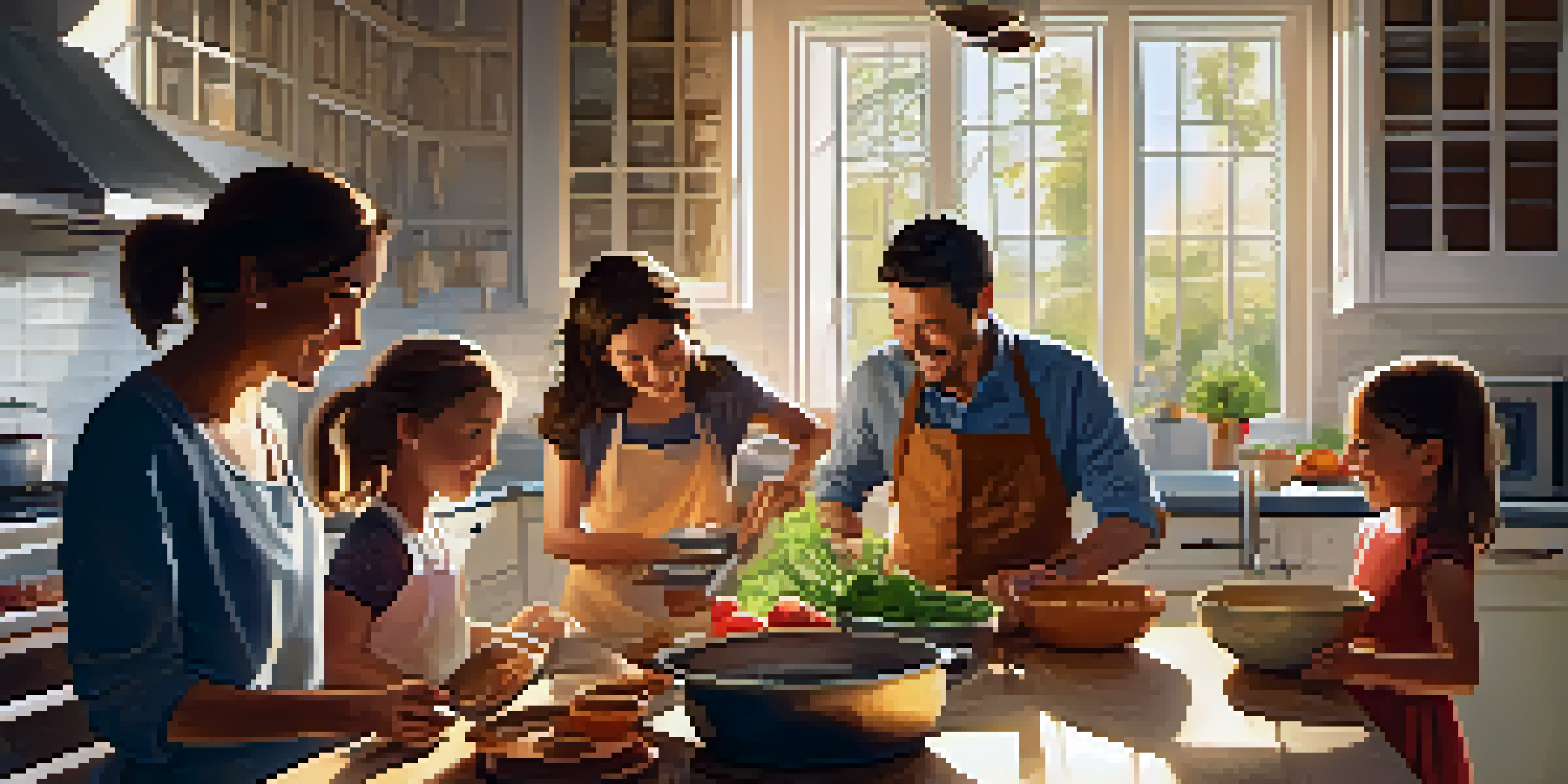 A family cooking together in a warm kitchen, with children helping and laughing.