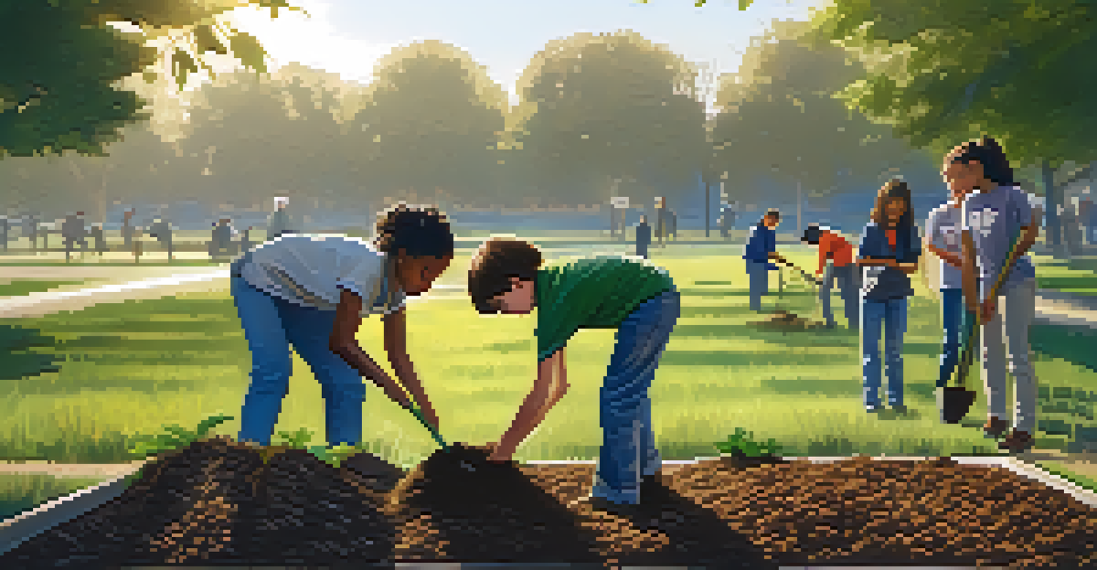 Young volunteers planting trees in a park during sunset, symbolizing community involvement and environmental care.