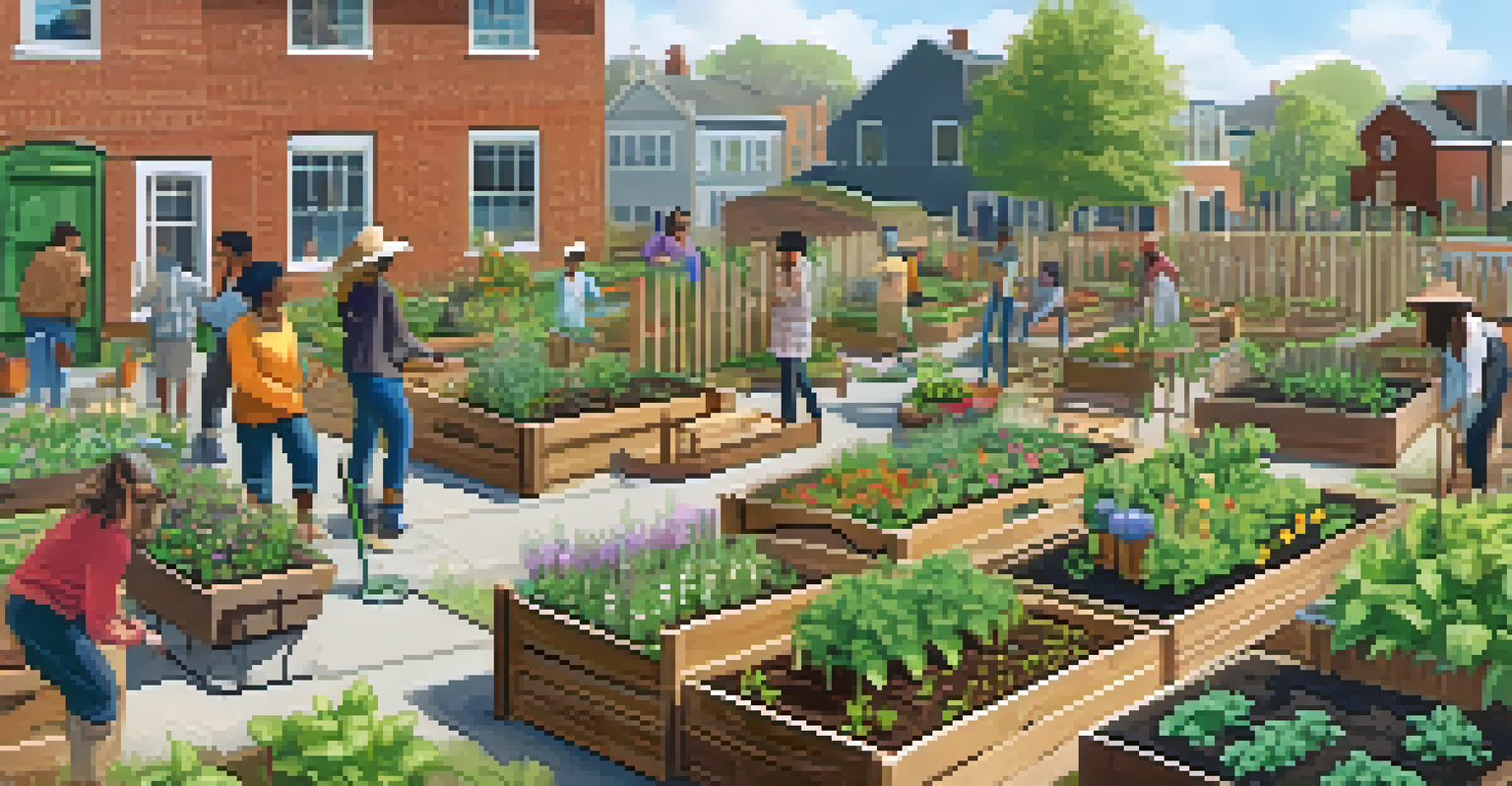 A lively community garden where residents collaborate on planting and gardening activities.