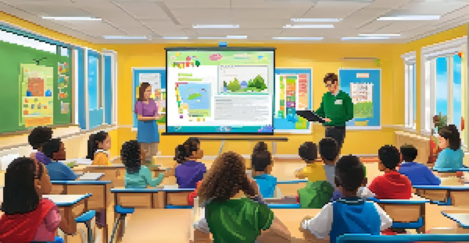 A teacher demonstrating a lesson on a smartboard using a tablet, while students look on with interest in a well-decorated classroom.