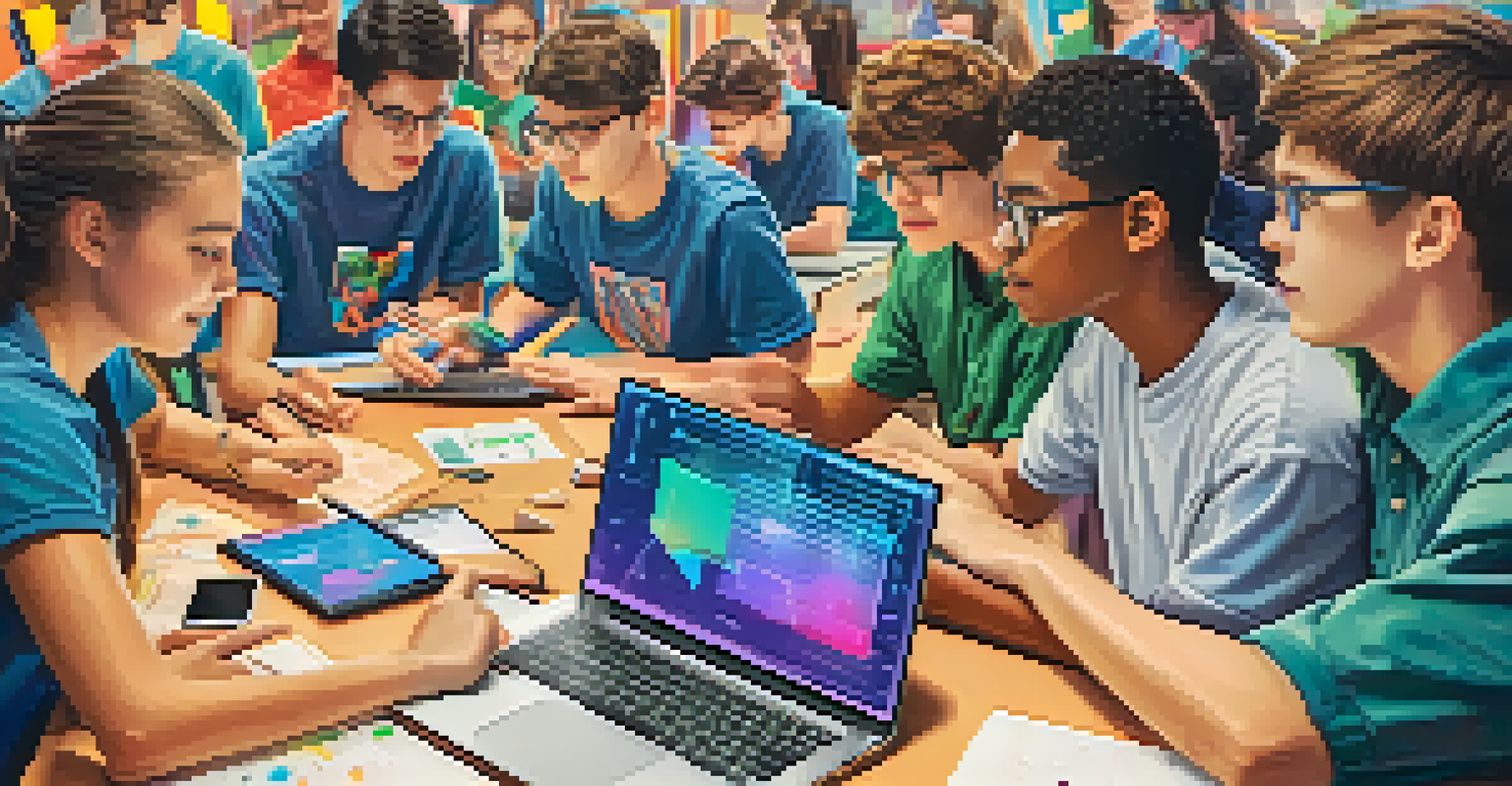 Close-up of a laptop screen with a coding interface, surrounded by hands of students collaborating in a classroom setting.