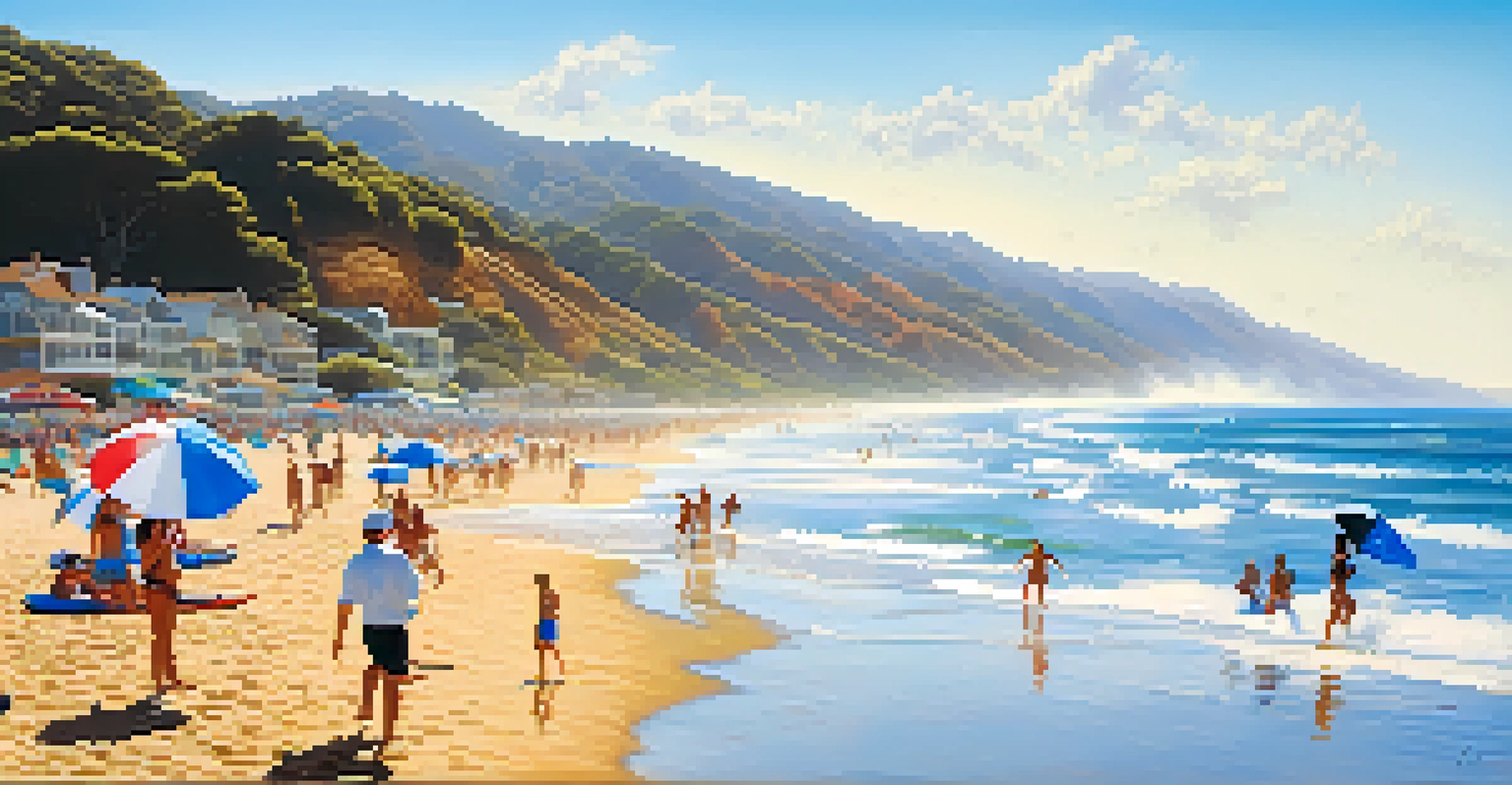 Surfing scene at Malibu Beach with surfers on blue waves and a sunny coastal landscape.