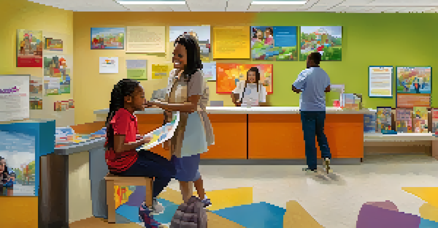 A parent interacting with staff at a community center, seeking information on affordable childcare resources.
