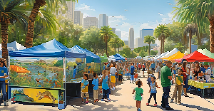 A lively community festival in a park, with families learning about wildlife and engaging in activities under sunny skies.
