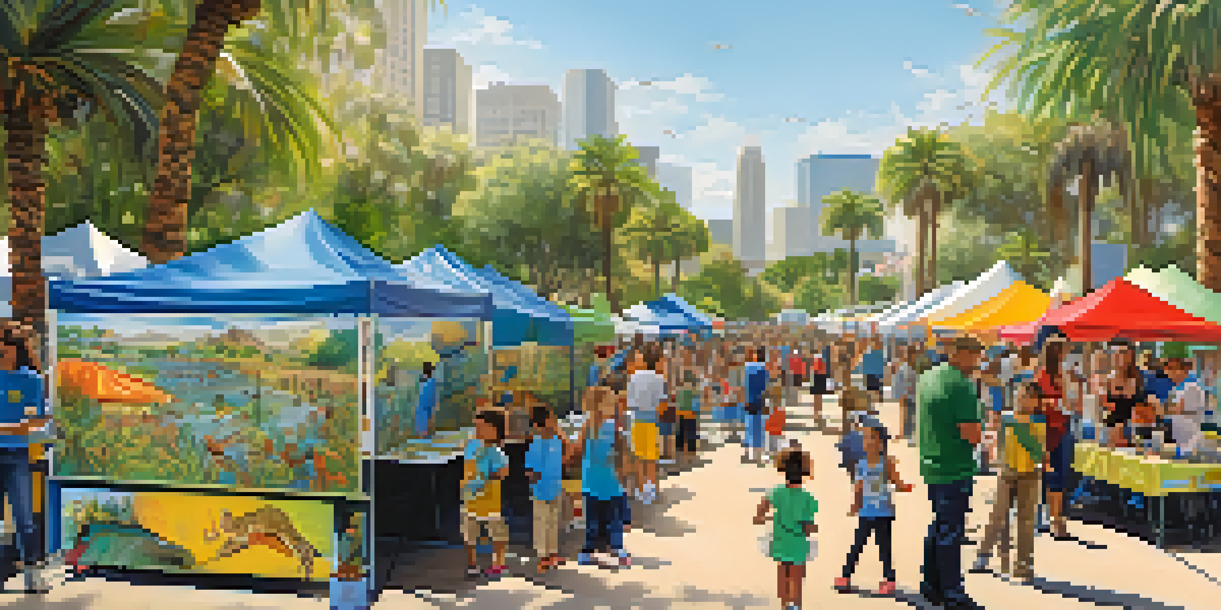 A lively community festival in a park, with families learning about wildlife and engaging in activities under sunny skies.
