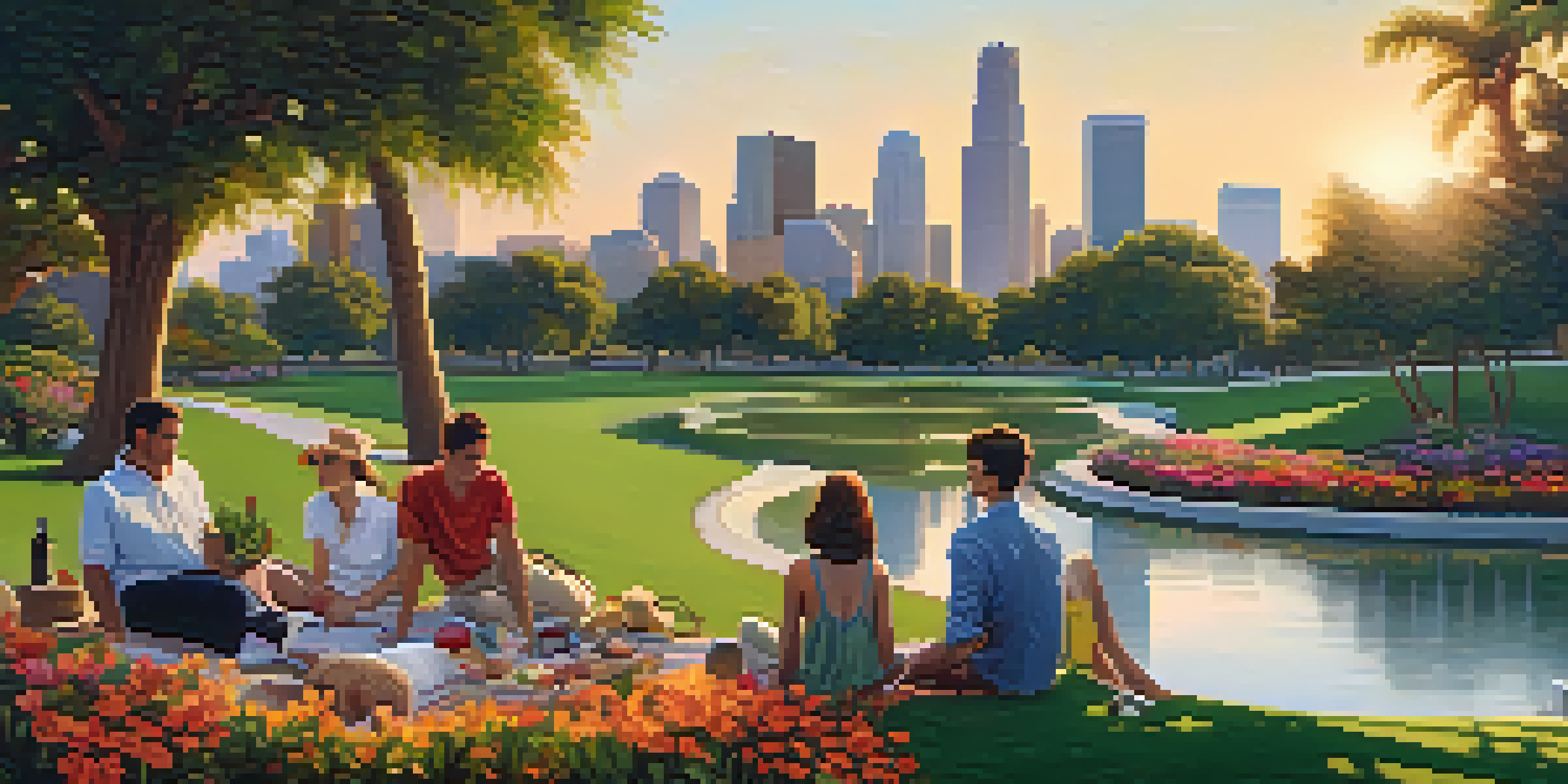A lively urban park in Los Angeles at sunset, with people enjoying the greenery amidst a backdrop of skyscrapers.