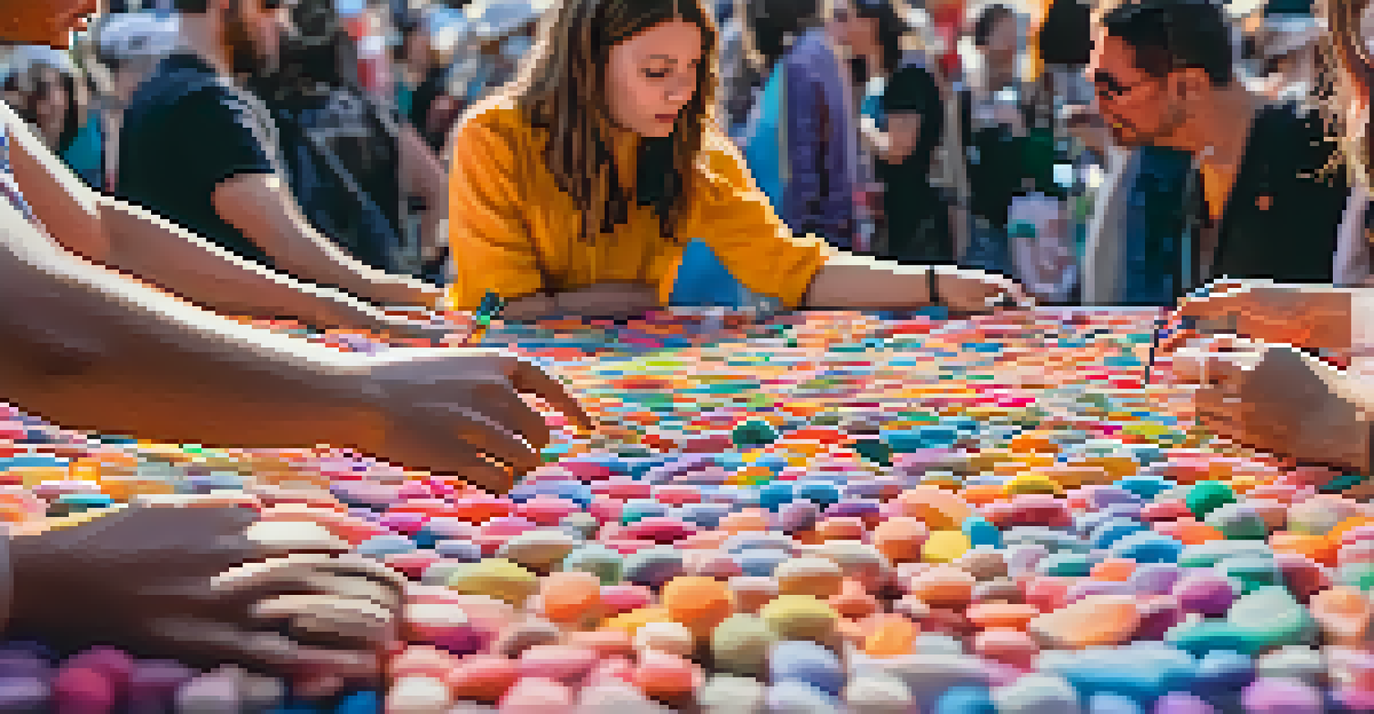 A close-up of an interactive art installation at an LA festival, with colorful textures and curious attendees engaged with the artwork.