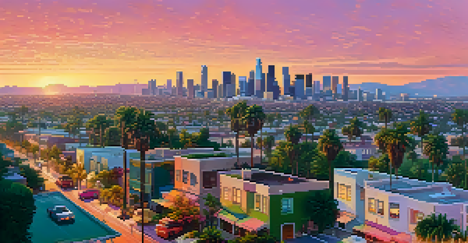 Aerial view of Los Angeles with rideshare cars and delivery scooters on busy streets, surrounded by parks and palm trees at sunset.