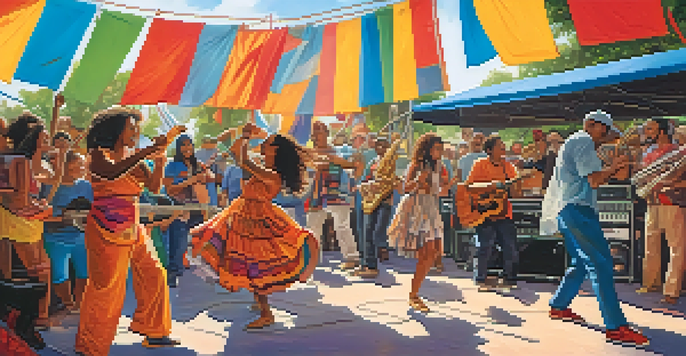 A lively local music festival with diverse attendees enjoying performances, colorful decorations, and musicians playing various instruments.