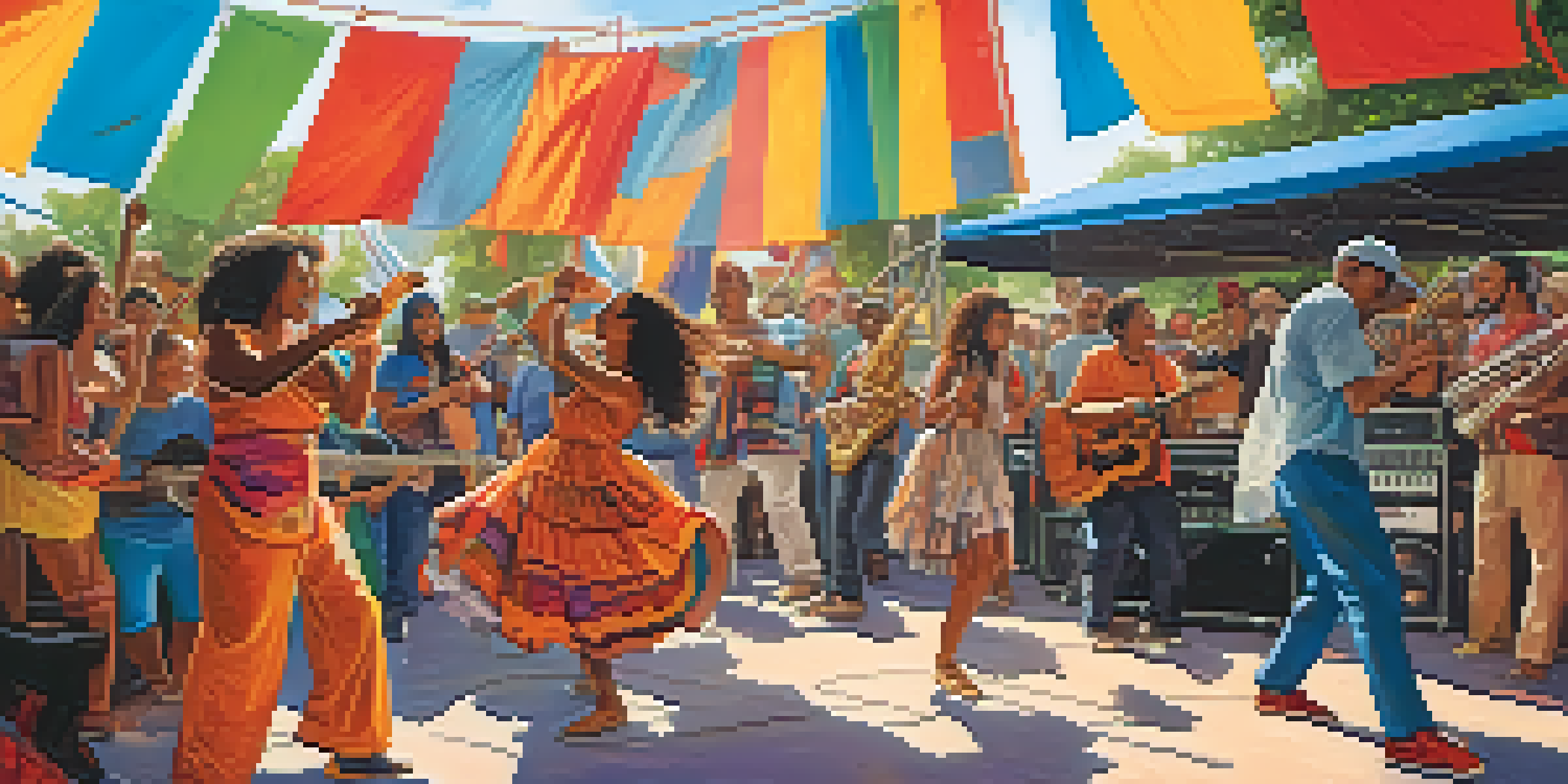 A lively local music festival with diverse attendees enjoying performances, colorful decorations, and musicians playing various instruments.