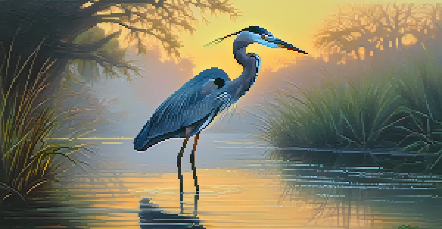 A heron by the LA River at dawn, with soft light reflecting on the water and mist in the air, showcasing the beauty of urban wildlife.