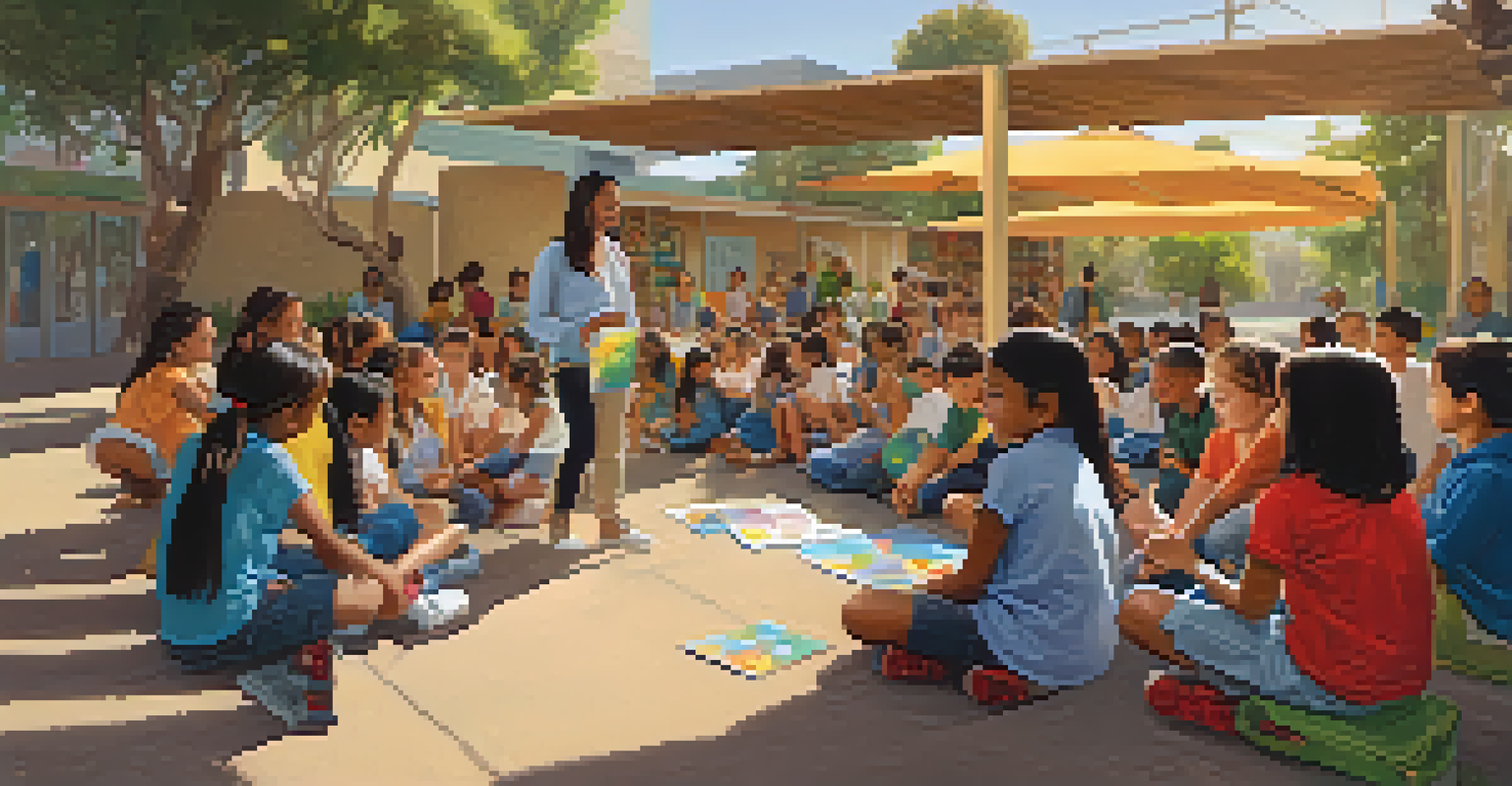 A diverse group of students in an outdoor classroom learning in a bilingual environment in Los Angeles.