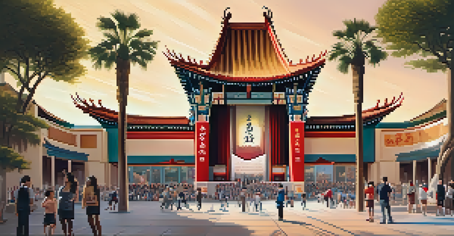 The TCL Chinese Theatre with its pagoda-style design and celebrity handprints, illuminated by the warm glow of a sunset.