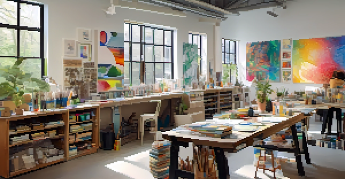 A lively and colorful art studio where diverse artists are collaborating on creative projects, surrounded by art supplies and finished artworks.