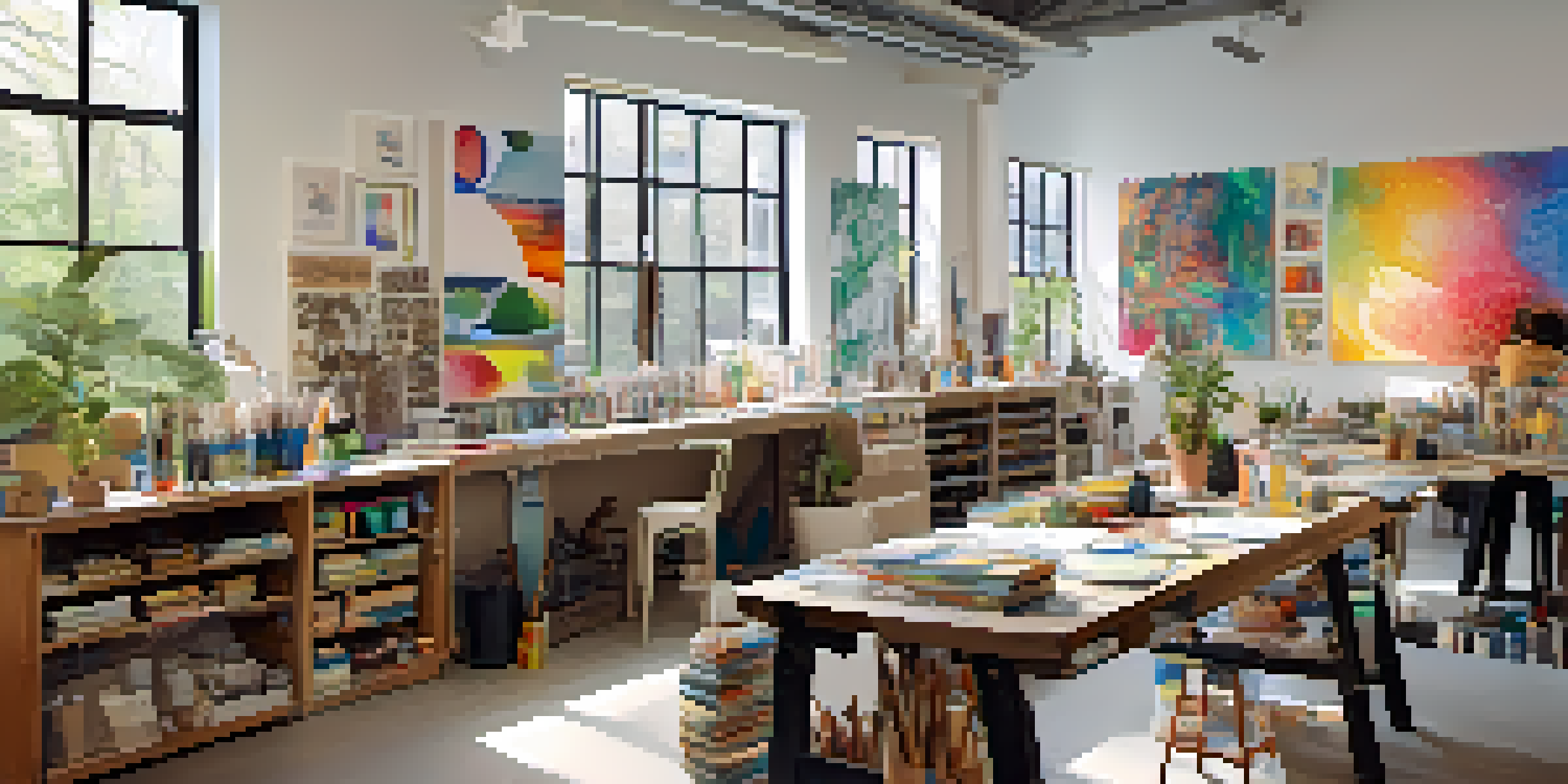 A lively and colorful art studio where diverse artists are collaborating on creative projects, surrounded by art supplies and finished artworks.