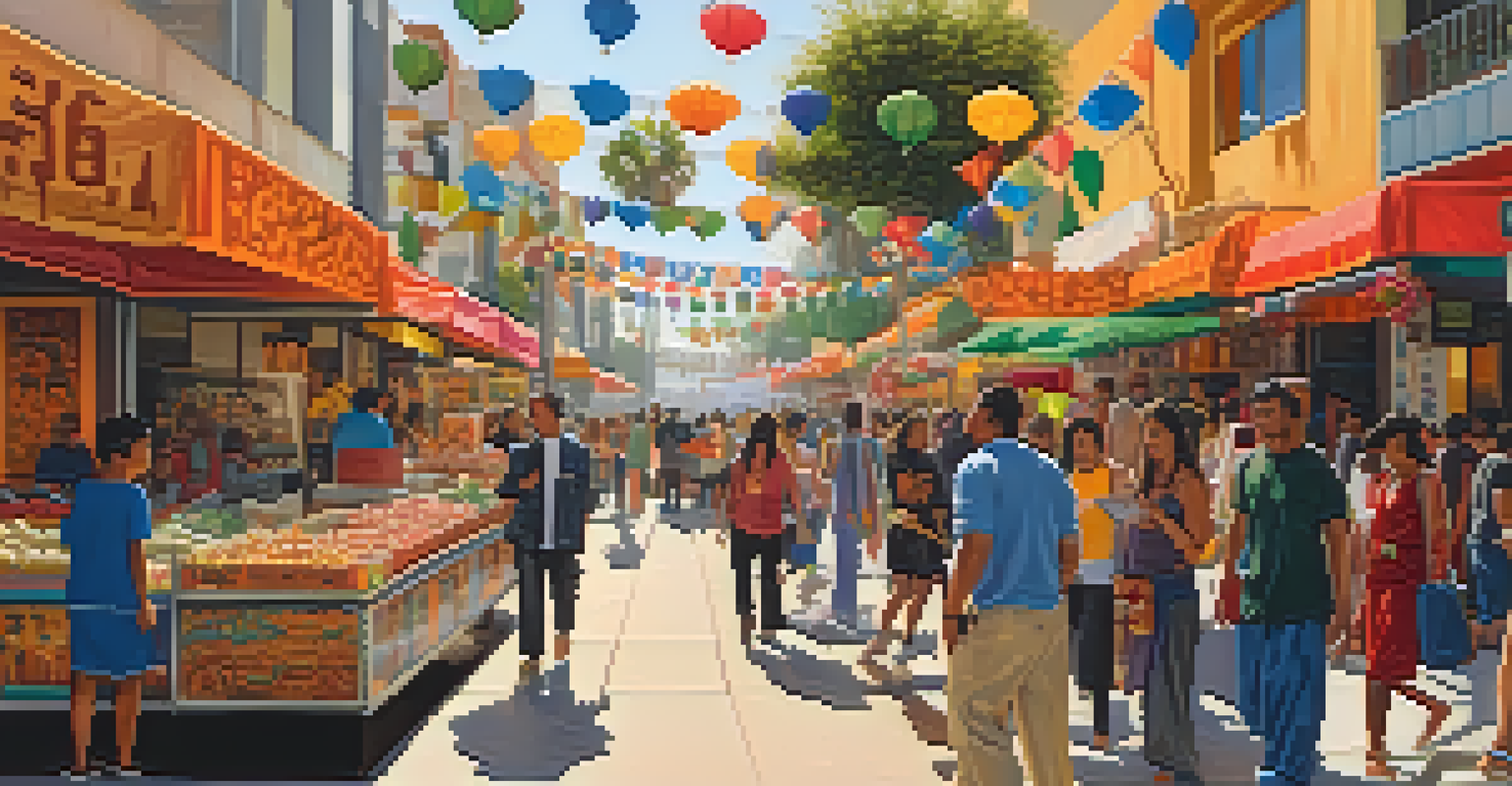 A vibrant street scene in modern Los Angeles, showcasing cultural diversity with shops and people from various backgrounds.