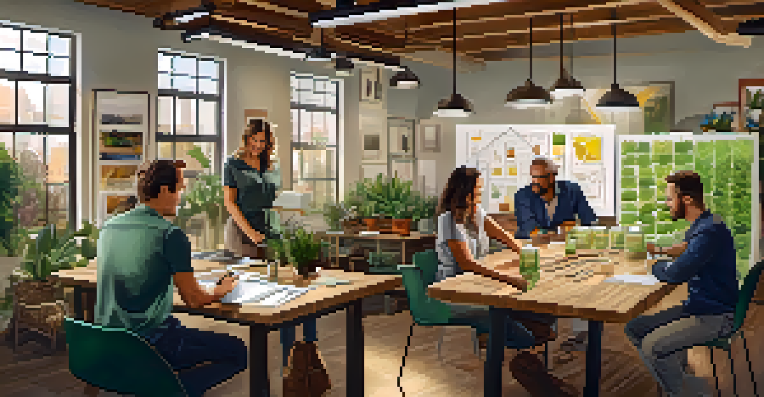 A group of business owners in Los Angeles discussing sustainable practices around a table filled with eco-friendly materials.