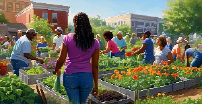 A diverse group of volunteers joyfully planting flowers and vegetables in a community garden under sunny weather.
