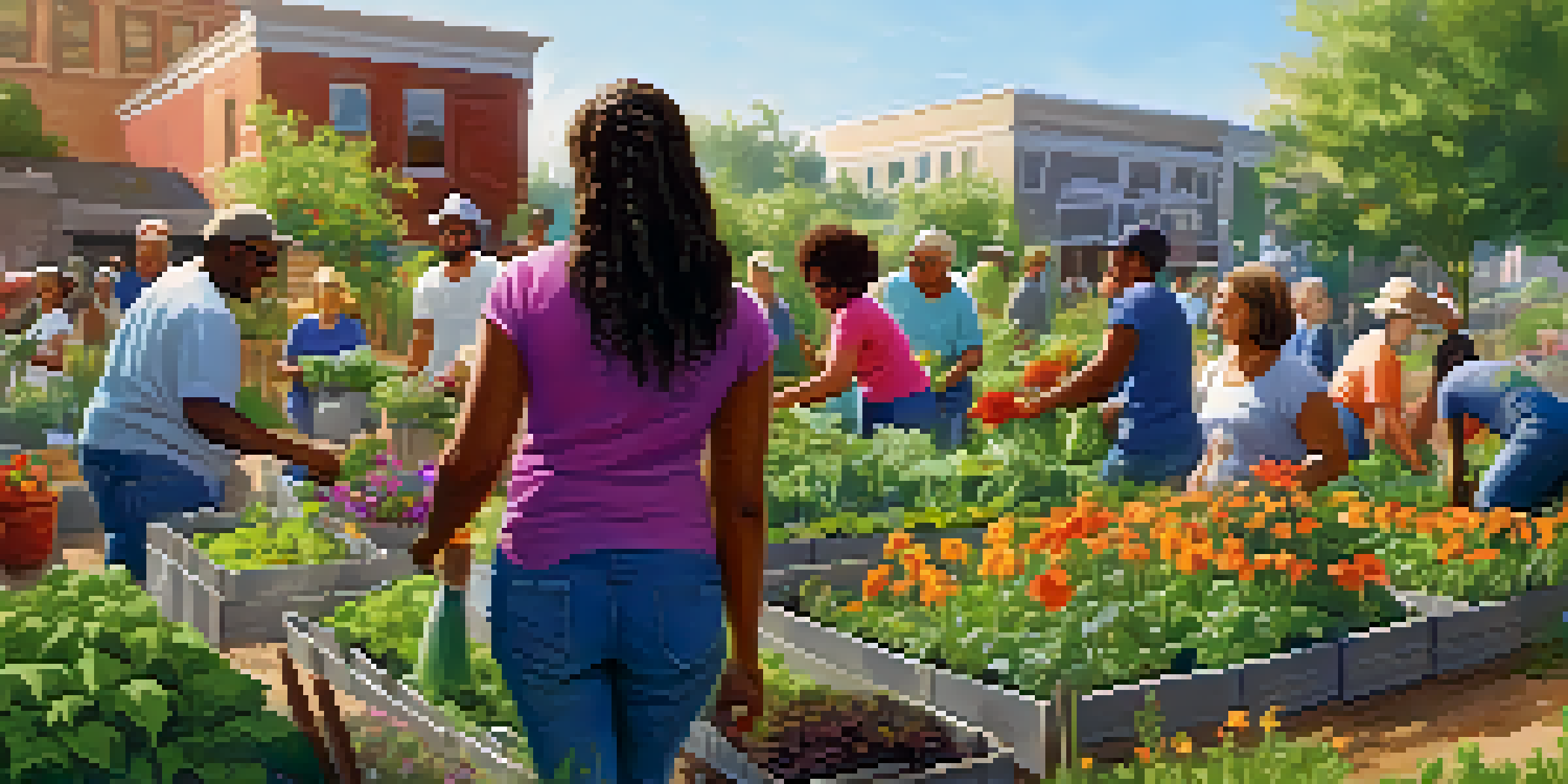 A diverse group of volunteers joyfully planting flowers and vegetables in a community garden under sunny weather.