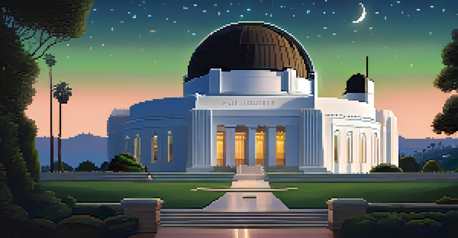 The Griffith Park Observatory illuminated at twilight, surrounded by lush hills and a starry sky, reflecting its Art Deco architectural style.