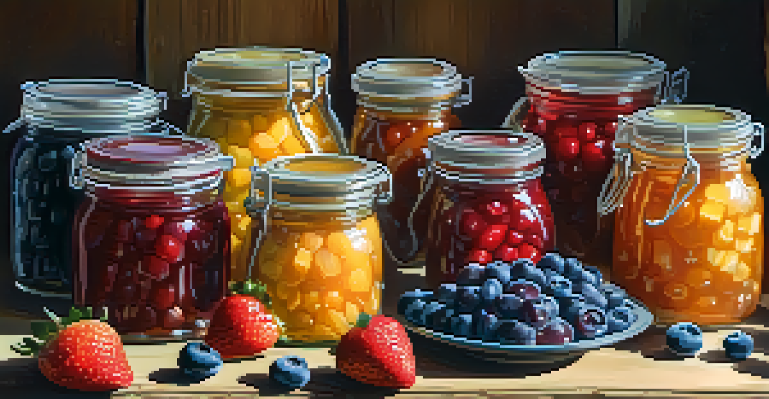 A vendor's table displaying colorful homemade jams and preserves with fresh fruits around, illuminated by soft morning light.