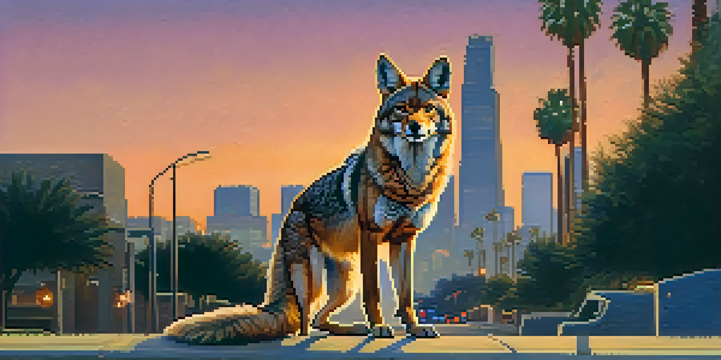 A coyote on a Los Angeles street at dusk with the city skyline behind it.