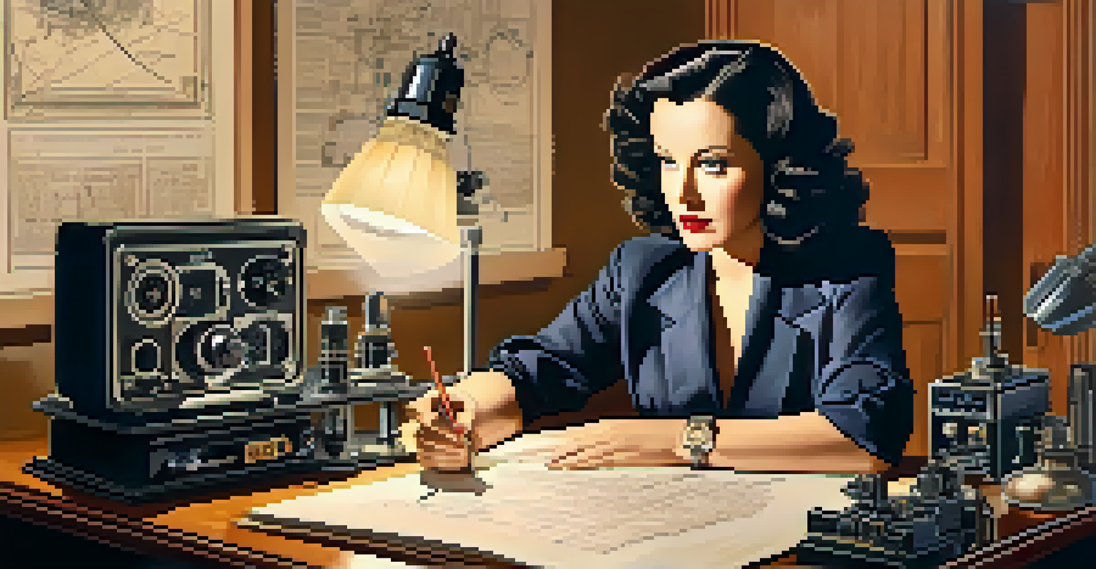 Hedy Lamarr depicted as an inventor, surrounded by blueprints and radio equipment, with warm lighting and a thoughtful expression.
