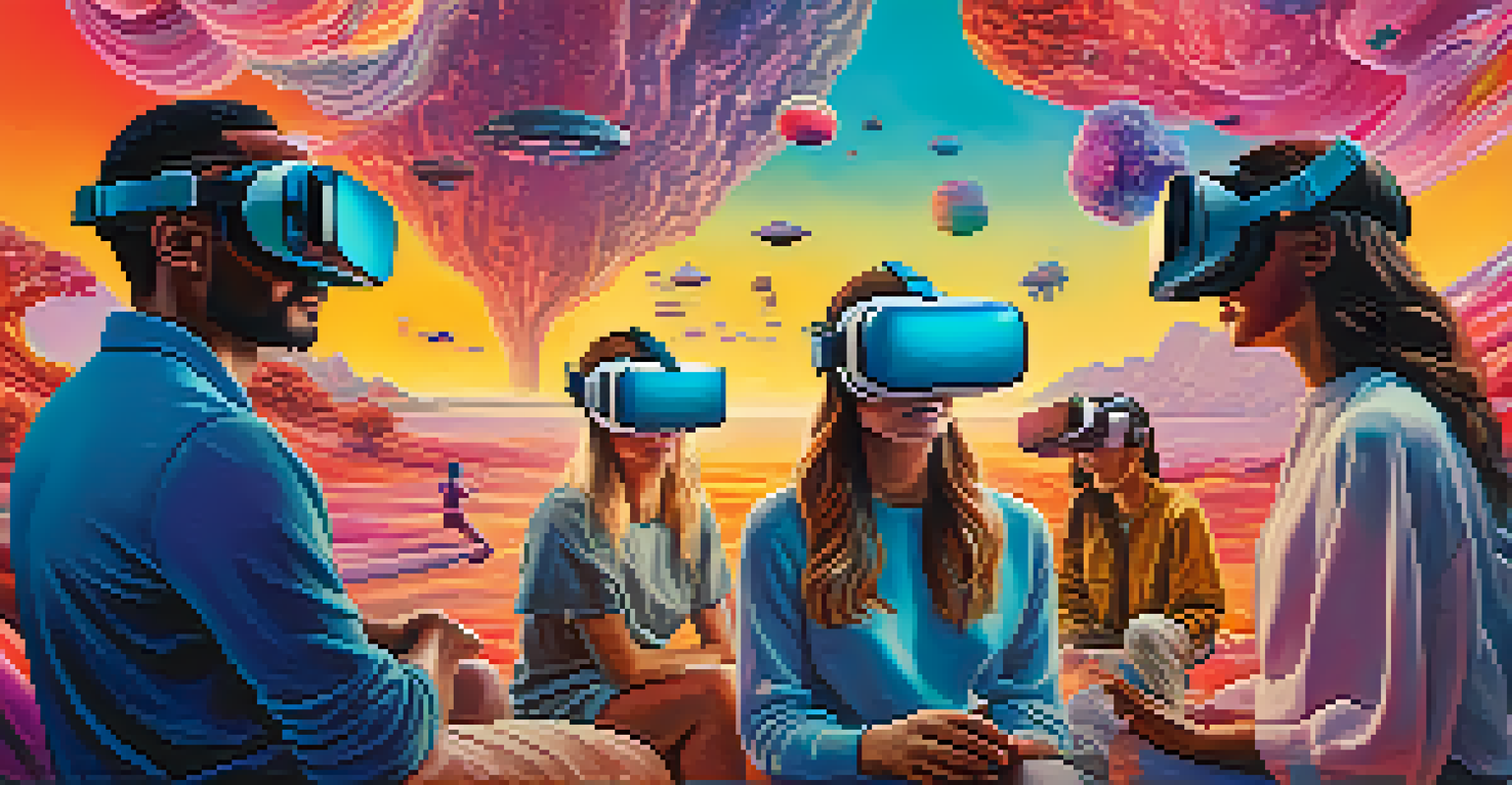 Diverse viewers wearing VR headsets immersed in a colorful, interactive virtual reality environment.