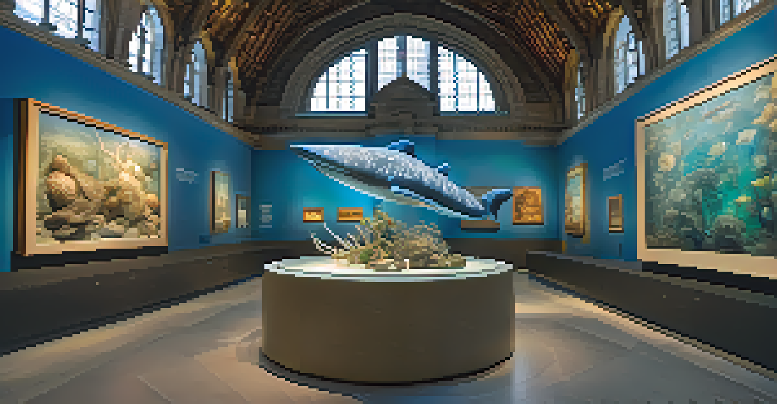 An artistic display in the museum featuring recycled sculptures of ocean life, with visitors appreciating the artwork.