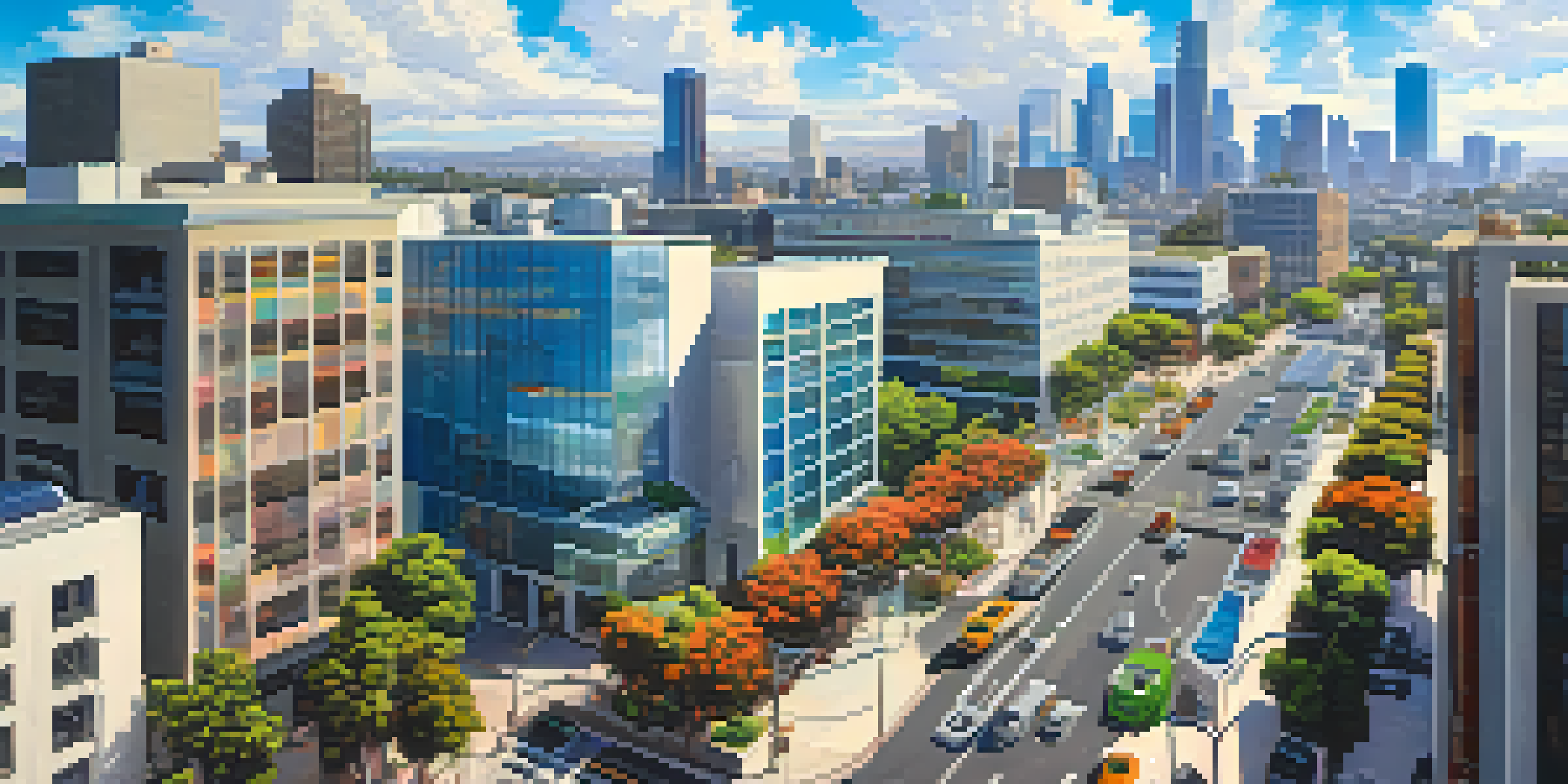A colorful view of Los Angeles with modern buildings and green spaces, depicting a fusion of technology and creativity.