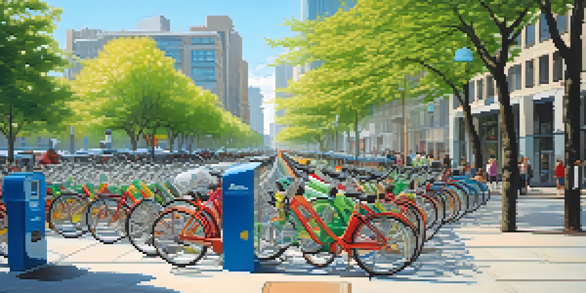 A busy city street with a bike-sharing station, colorful bicycles, pedestrians, and modern buildings under a sunny sky.