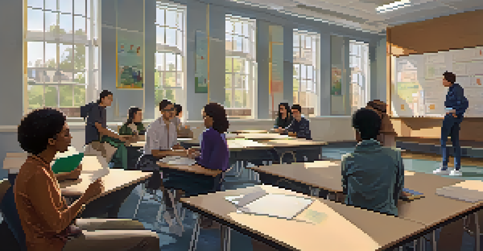 A college classroom with a diverse group of students discussing with a professor in a well-lit environment.