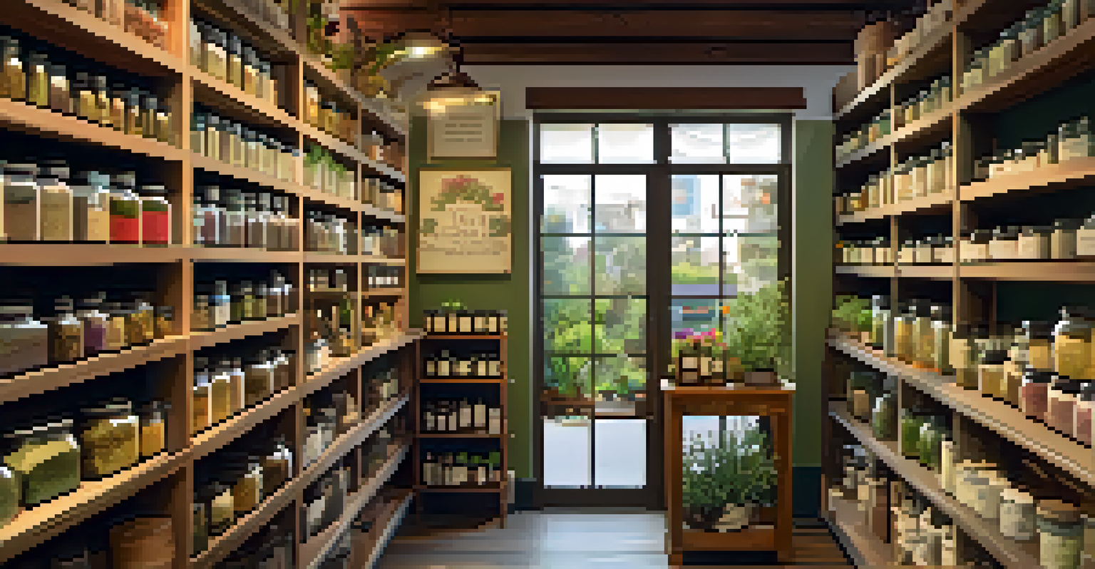 A colorful herbal medicine shop in Los Angeles, showcasing jars of dried herbs and fresh plants in a warm, inviting setting.
