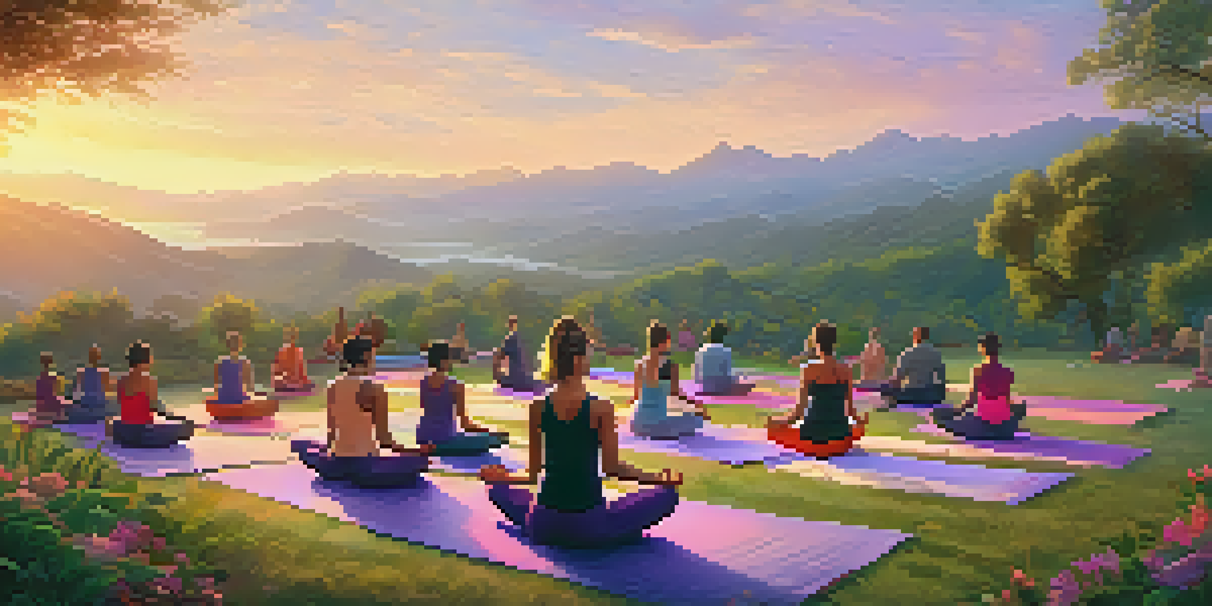 A group of people practicing yoga at sunrise with mountains in the background, bathed in warm, soft colors.