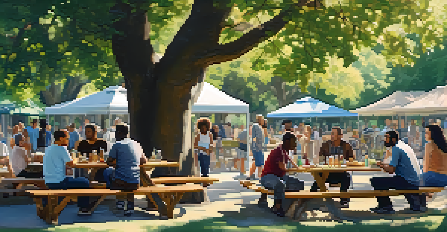A community gathering in a park with diverse residents enjoying food and conversation under oak trees.