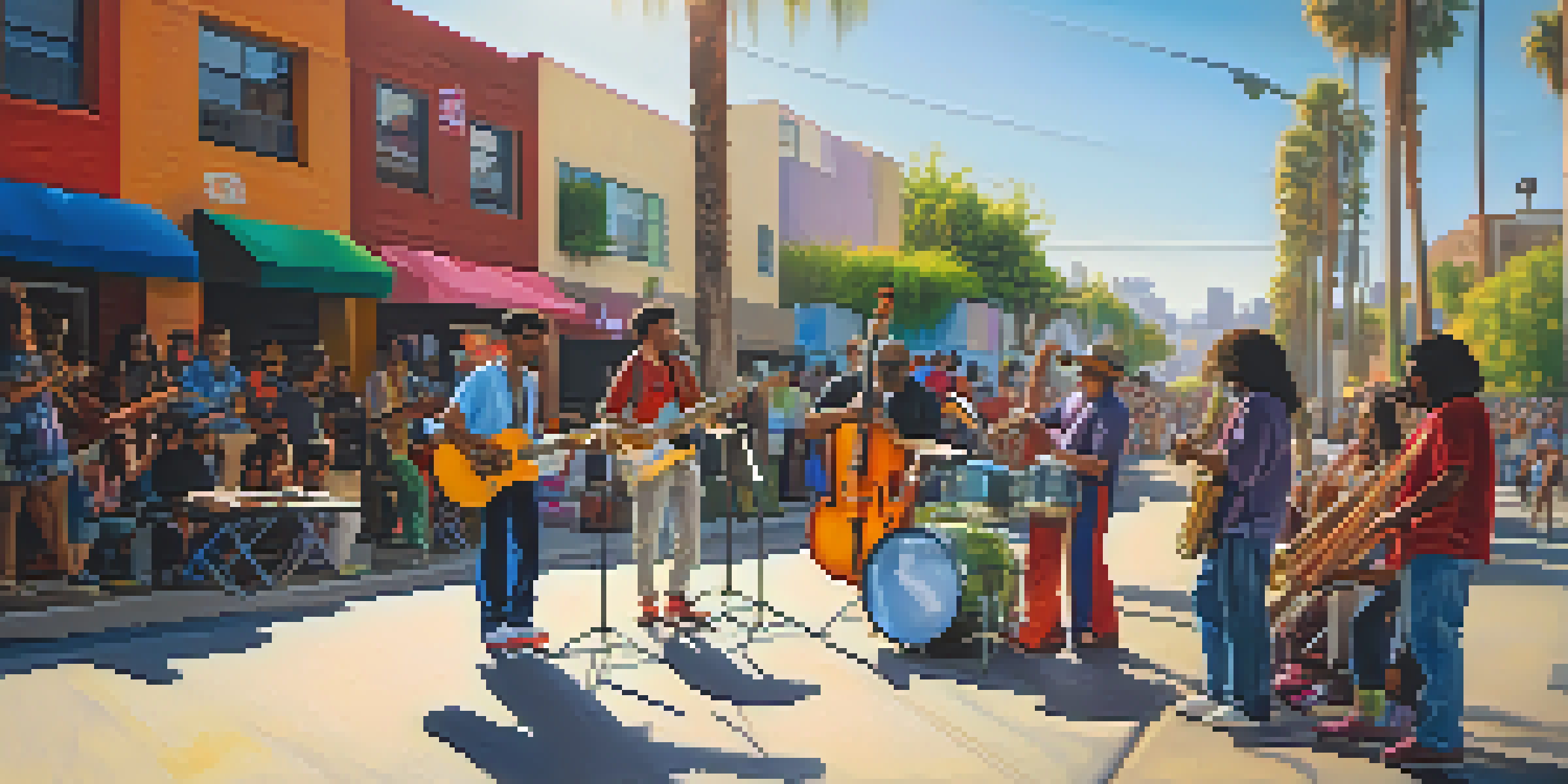 A colorful outdoor music performance in Los Angeles with diverse musicians and an engaged audience under palm trees.