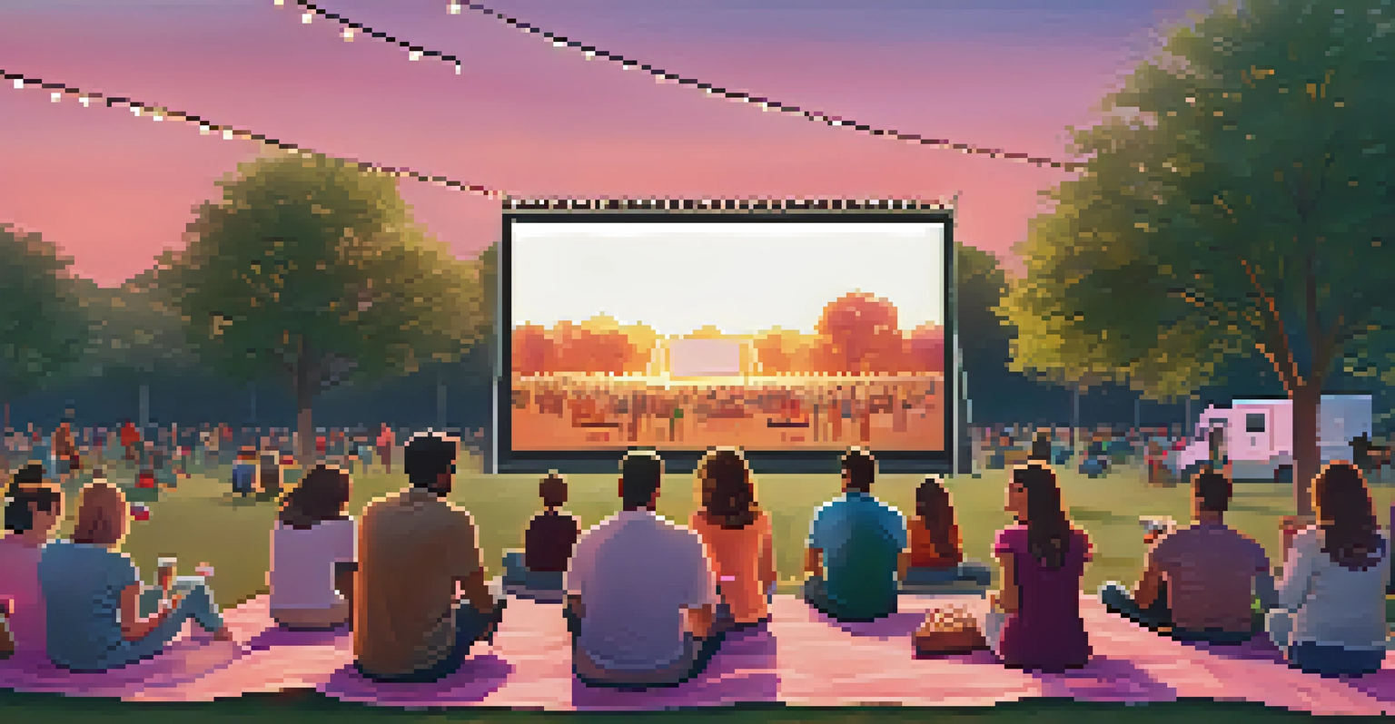 An outdoor film screening at sunset with a large screen, families on blankets, and food trucks in a park.