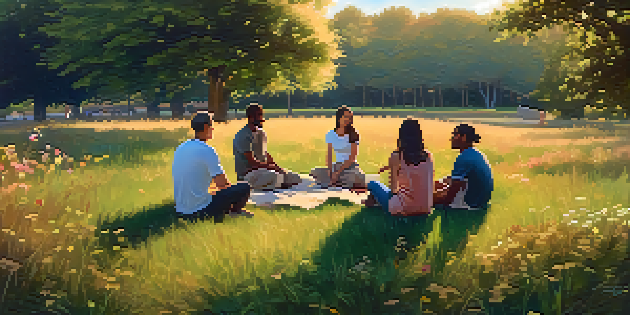 A diverse group of people sitting in a circle on a grassy field, talking about mental health in a warm, inviting environment.