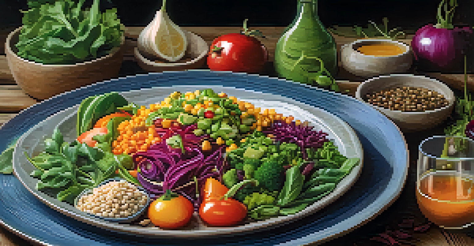 A beautifully arranged plate of plant-based fusion cuisine, showcasing vibrant colors and textures on a rustic wooden table.
