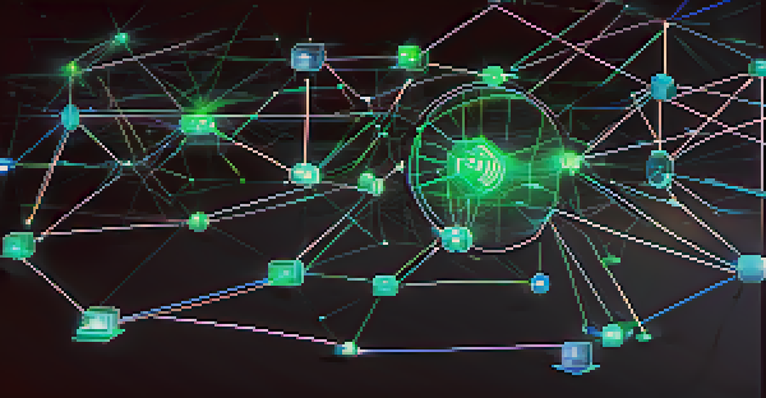 A digital representation of a blockchain network with glowing nodes and lines, illustrating connectivity among various industries.