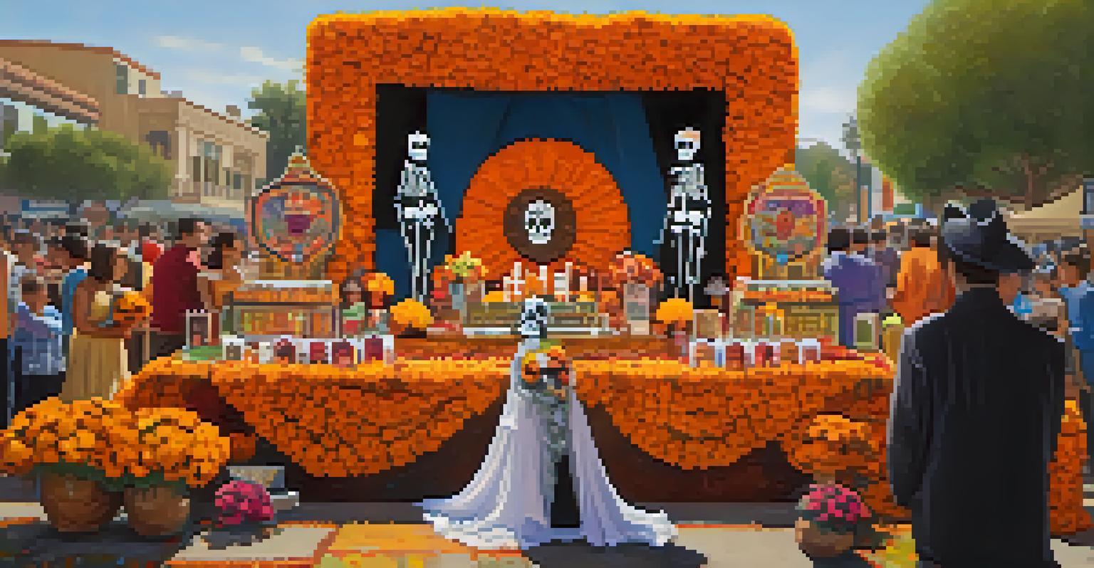 A Dia de los Muertos altar adorned with sugar skulls and marigold flowers, with families celebrating in a festive parade in the background.