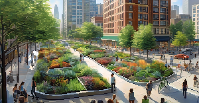 A lively urban scene featuring green infrastructure like rain gardens, with people participating in community activities under warm sunlight.
