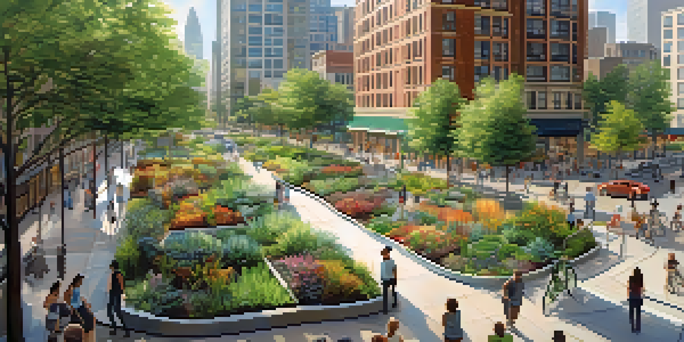 A lively urban scene featuring green infrastructure like rain gardens, with people participating in community activities under warm sunlight.