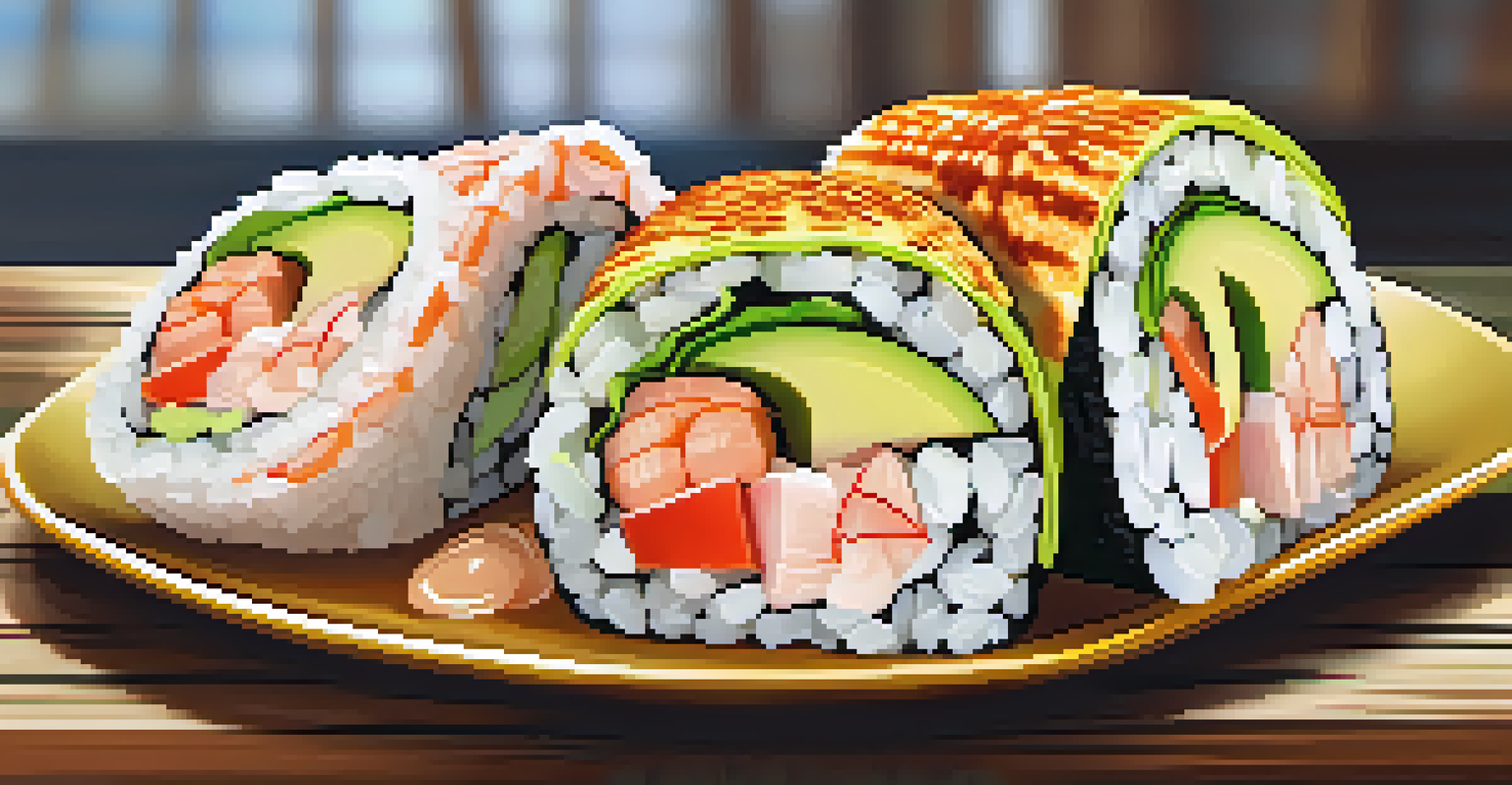 A beautifully presented sushi burrito sliced open, showcasing vibrant ingredients, garnished with wasabi and pickled ginger on a rustic wooden table.
