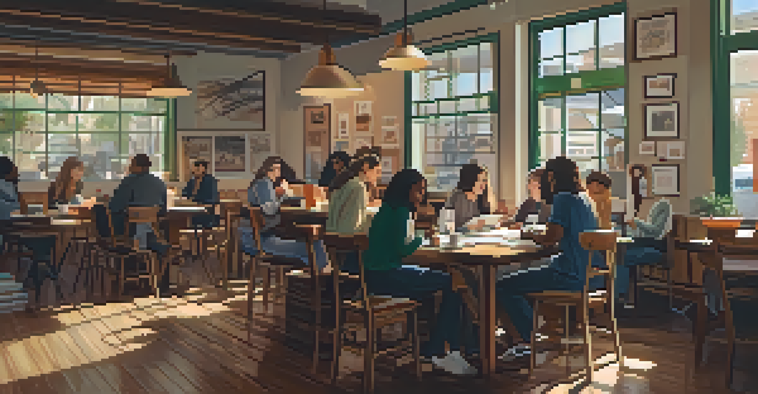 A cozy writing workshop in a café with aspiring writers sharing ideas and discussing their work in a warm atmosphere.