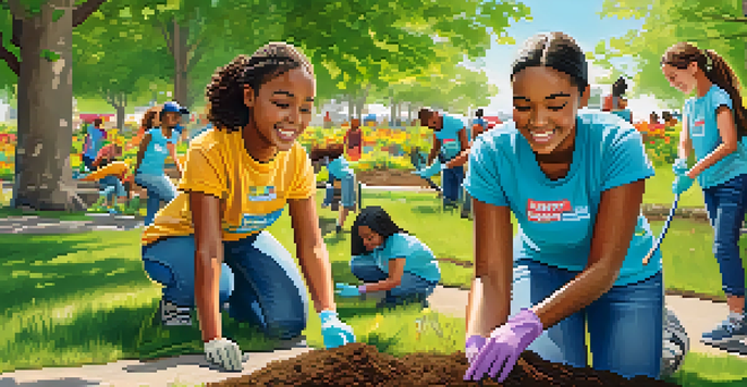 A group of diverse students happily participating in a community cleanup at a park, picking up trash and planting flowers under a blue sky.
