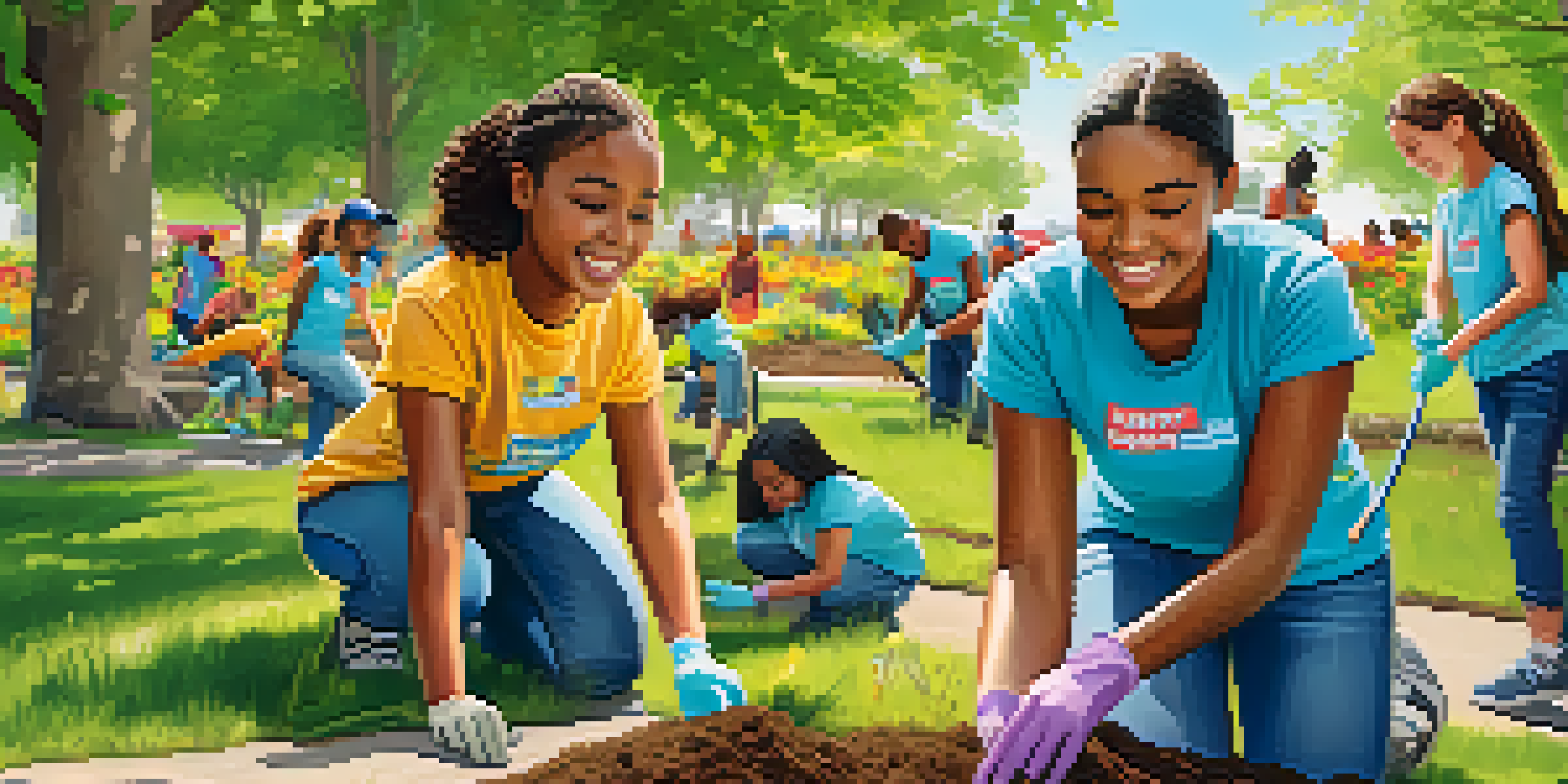 A group of diverse students happily participating in a community cleanup at a park, picking up trash and planting flowers under a blue sky.