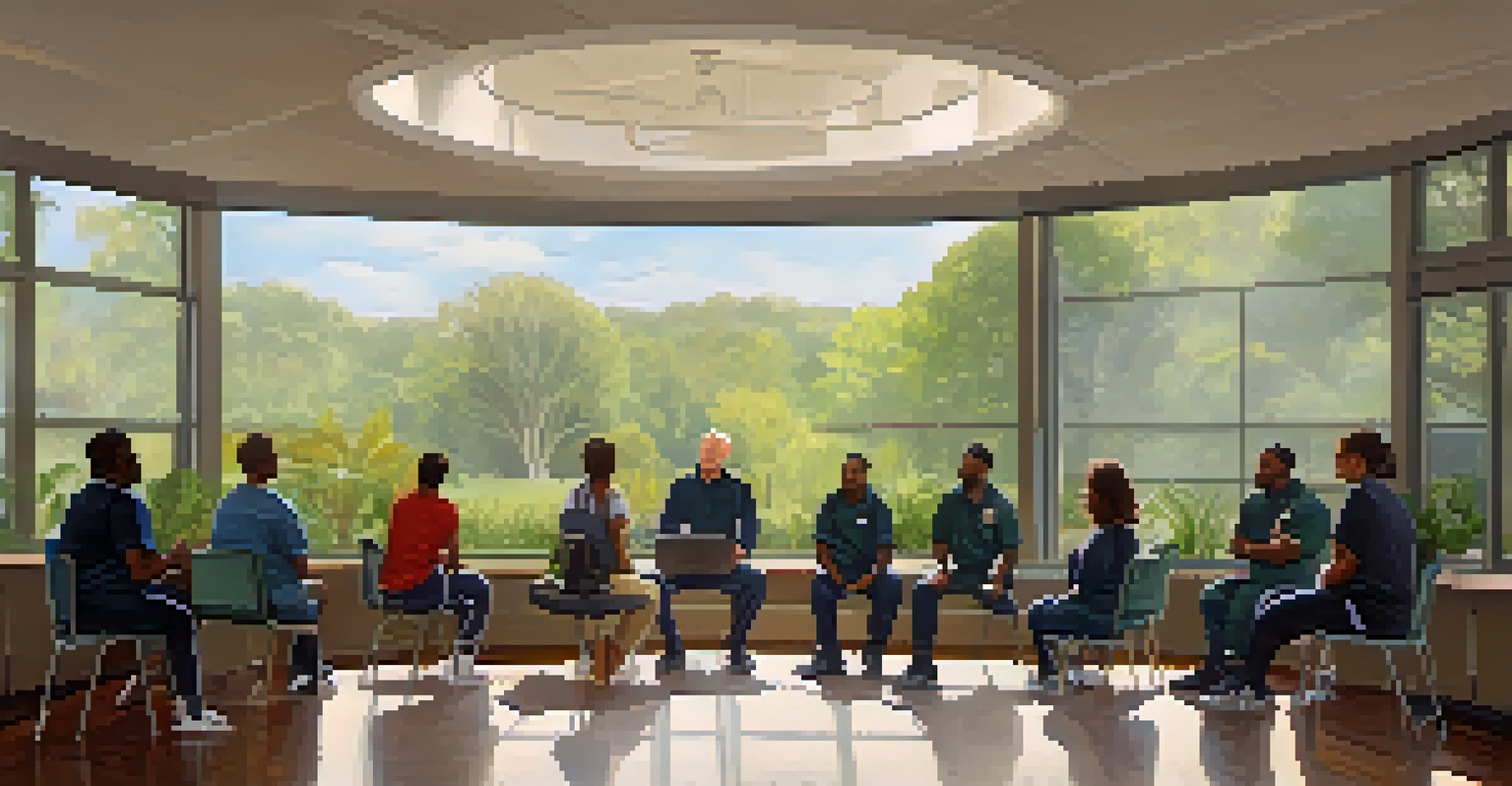 First responders participating in a mental health workshop in a calming room with natural light and plants.
